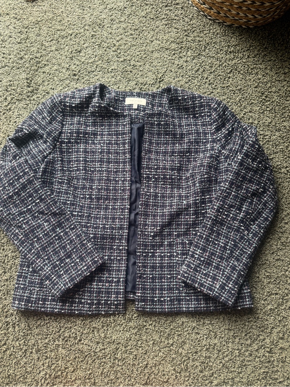 Talbots Womens 14 Navy Blue Tweed Jacket Multicolor Textured Collarless